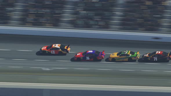 Race Car Speeding Along The Curve Racetrack on stadium during sport event. 4K alt