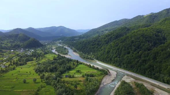 Aerial View of Mountain River Stream with Stones Valley Landscape Ukraine