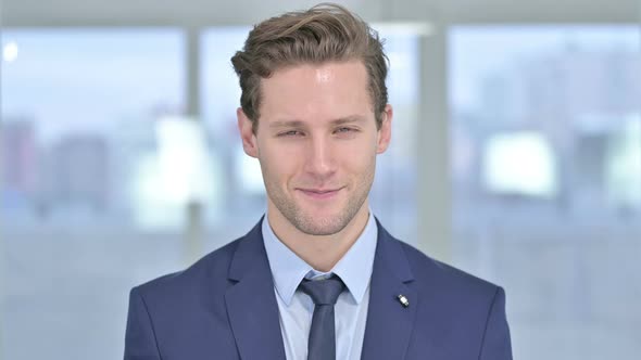 Portrait of Attractive Young Businessman Saying Yes By Head Shake alt
