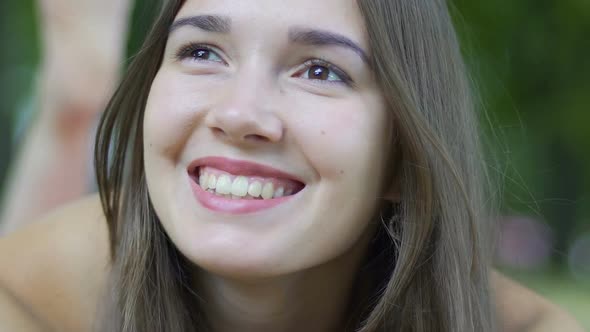 Happy Woman Smiles Outdoors, Beautiful Female Feels Joy Happiness, Enjoys Life