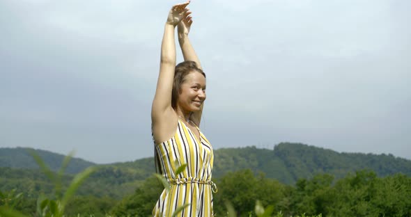 Lady in Striped Summer Dress Dances Among Tea Bushes Slow alt
