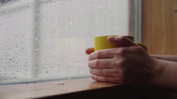 Having hot chocolate on a cold rainy day - close up alt