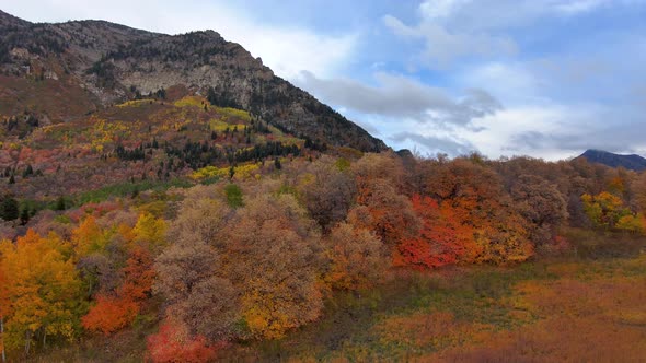 Colorful autumn mountainside in the Rocky Mountains with fall colors - push in aerial view alt
