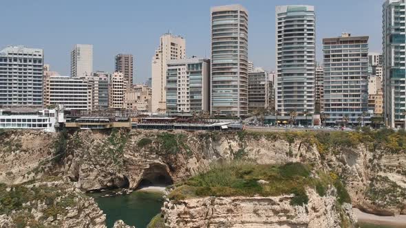 Crane Shot Rising Up Revealing Beirut Beautiful Cityscape In Pigeon Rocks Background , Lebanon alt