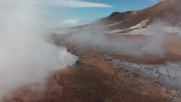 Aerial View of a Valley with Steaming Fumaroles, Iceland. Winter 2019