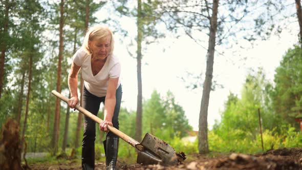 Senior Elderly Gardener Woman Digging Caring Ground Level at Summer Farm Countryside Outdoors Using