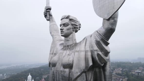 Symbol of Kyiv, Ukraine: Motherland Monument. Aerial View, Slow Motion. Kiev alt