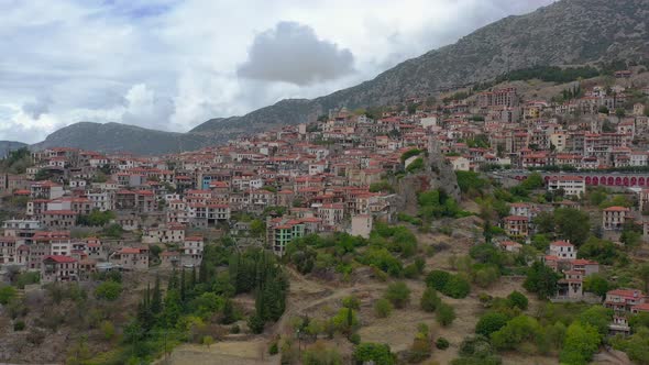 Aerial view of the beautiful greek village Arachova in the mountains of Greece
