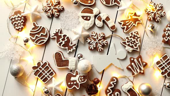 Christmas Sweets Composition. Gingerbread Cookies with Xmas Decorations alt