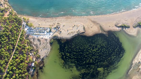 Aerial Mossy Coastal Lake on the Beach at the Edge of the Forest Mountain in Dalyan