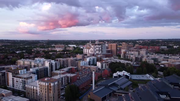Beautiful aerial view of suburban London town in evening summer sunset alt