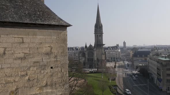CAEN, FRANCE - MARCH 2016  Cityscape of Calvados capital Caen with details of castle and the church  alt