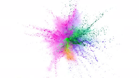 Super Slowmotion Shot of Color Powder Explosions Isolated on White Background. alt