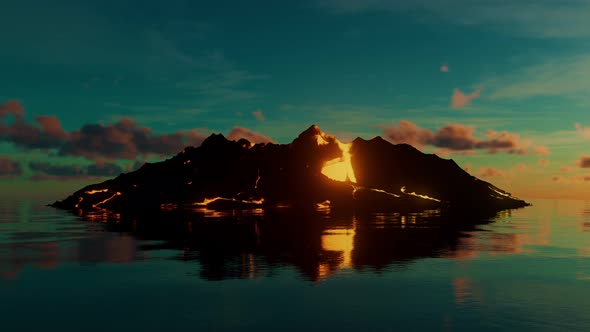 Morphing Rocky Lava Island In Calm Water at Sunset Looping Background