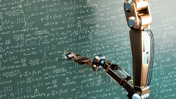 Futuristic robot writing on the green board complicated mathematical formulas. alt