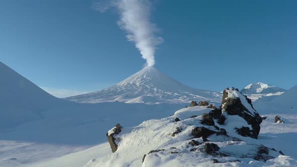 Winter eruption Klyuchevskoy Volcano - active stratovolcano of Kamchatka Peninsula