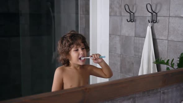 Small Boy with Brown Curly Hair Uses Toothpaste and Toothbrush while Brushing Teeth Before alt