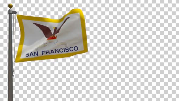 San Francisco City Flag (California, USA) on Flagpole with Alpha Channel - 4K alt