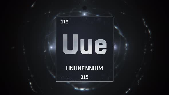 Unnunenium as Element 119 of the Periodic Table 3D Animation on silver background