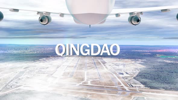 Commercial Airplane Over Clouds Arriving City Qingdao alt