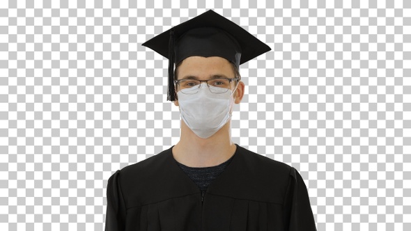 Student in gaduation gown and face mask stumbling, Alpha Channel alt