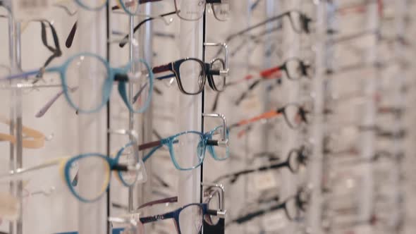 Eyeglasses Show Case Collection of Eyewear in Optician Shop