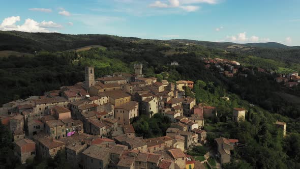 Aerial, Little Medieval Town In Tuscany, San Casciano Dei Bagni, Italy On A Sunny Day