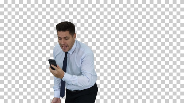 Angry businessman yelling at phone, Alpha Channel alt