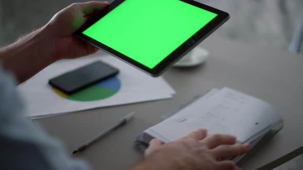Man Hands Using Tablet Device Green Screen Research Business Finance in Office alt