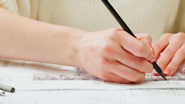 Architect Designer Drawing Plan Blueprint Closeup alt