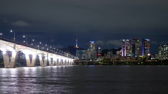 Seoul City Namsan Han River Night Bridge Traffic