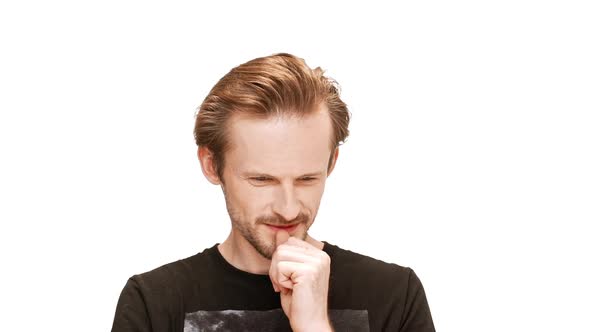 Young Handsome Man Thinking Smiling Over White Background alt