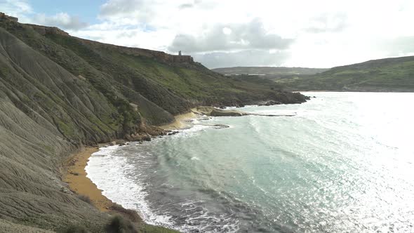 Panoramic Shot of Qarraba Bay Beach with Strong Wind Blowing Over Mediterranean Sea