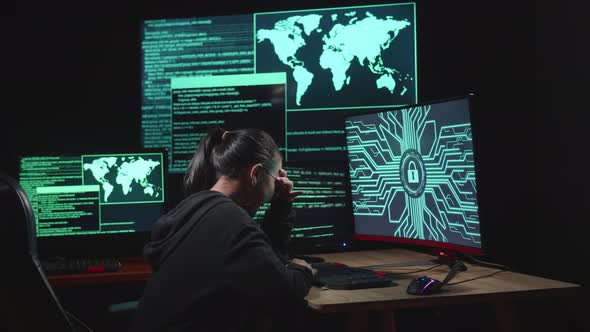 Asian Young Girl Hacker Upset With Lock Key On Computer Screen alt