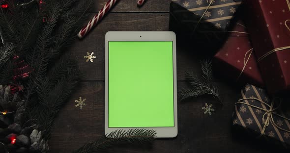 Hands Santa Claus Tapping Pages White Tablet Computer Green Screen ...