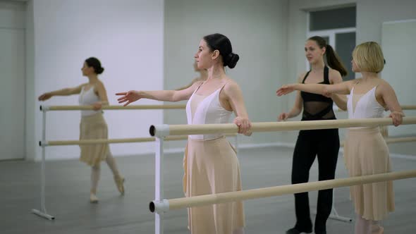 Side View Concentrated Ballerinas at Barre Rehearsing Leg Movement in Studio Indoors alt