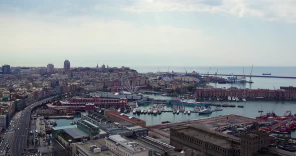 Port City of Genoa (Genova) on Coast of Italy - Aerial with Copy Space alt