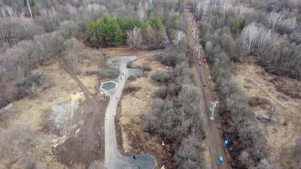 Aerial view on Sarzhyn Yar and cableway in spring