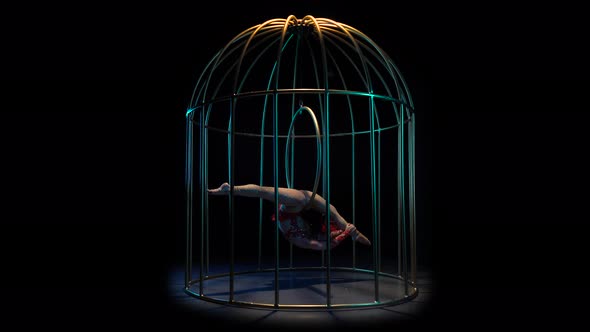 Acrobat on a Spinning Hoop in a Cage, Black Background alt