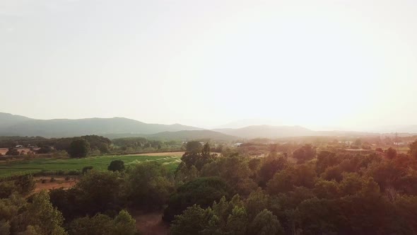 Aerial drones shot flying forward over a forest with green fields and the sunset in the background. alt