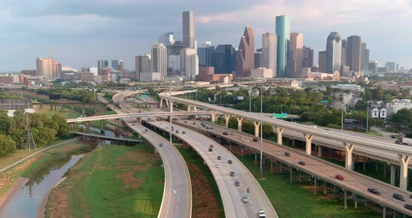 High angle establishing drone shot of downtown Houston. This video was filmed in 4k for best image q alt