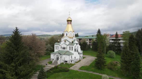 Aerial views of the Orthodox Church in Medzilaborce, Slovakia alt