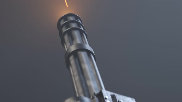 Minigun firing to the invisible target. Deadly firearm rapidly shooting bullets. alt