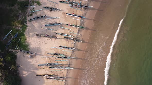 Traditional Sri Lanka Fishing Boats on the Beach. Aerial Drone Footage