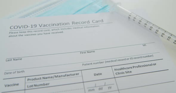 Medical Mask and COVID19 Vaccine on Vaccination Record Card Approved By CDC with Corona Virus alt
