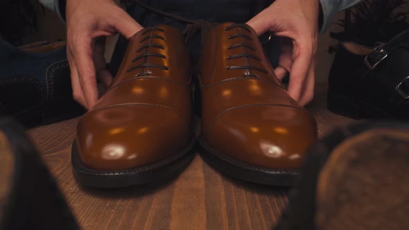Close-up of Handmade Leather Shoes. Flying Camera, Beautiful Macro Plan. Laowa 24 alt