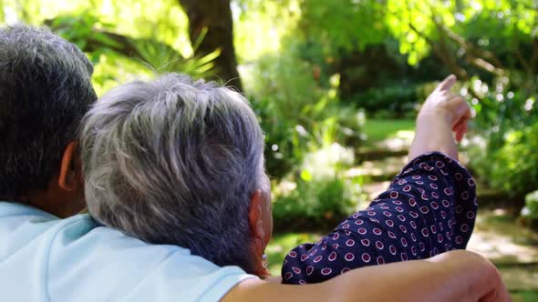 Senior couple pointing to a distance in garden alt