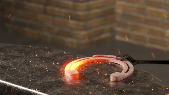 Traditional forge with an old anvil. Hammer is hitting glowing, hot horseshoe alt