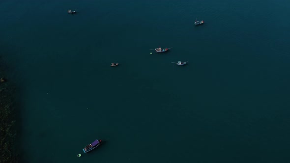 Small fishing boats moored near massive Ca Na port under construction in Vietnam, aerial view alt