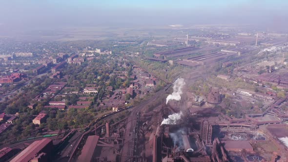Blast-furnace shop of a metallurgical plant. Aerial view.